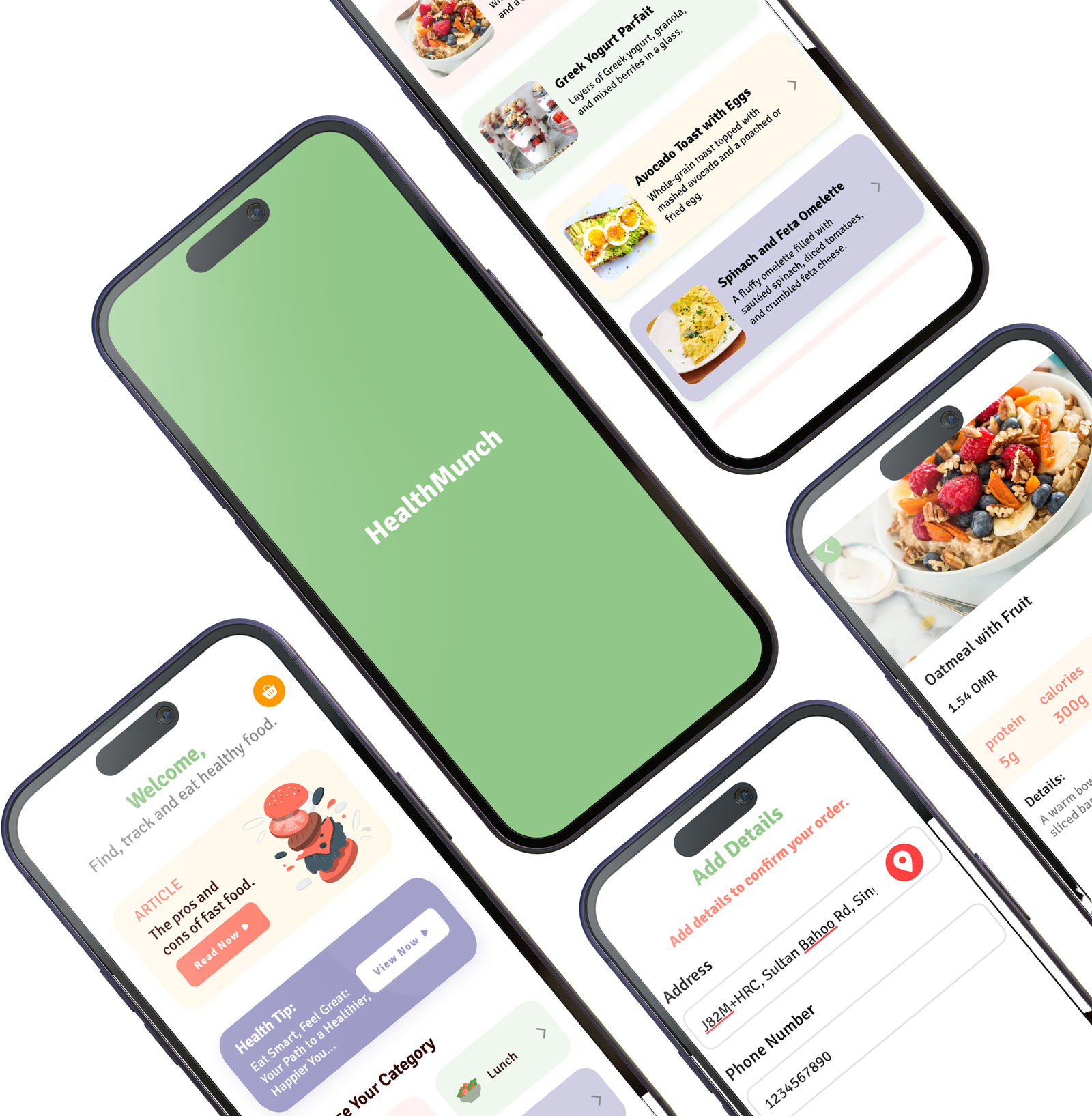 HealthMunch five-screen app showcase: splash, home, menu, meal detail, and checkout