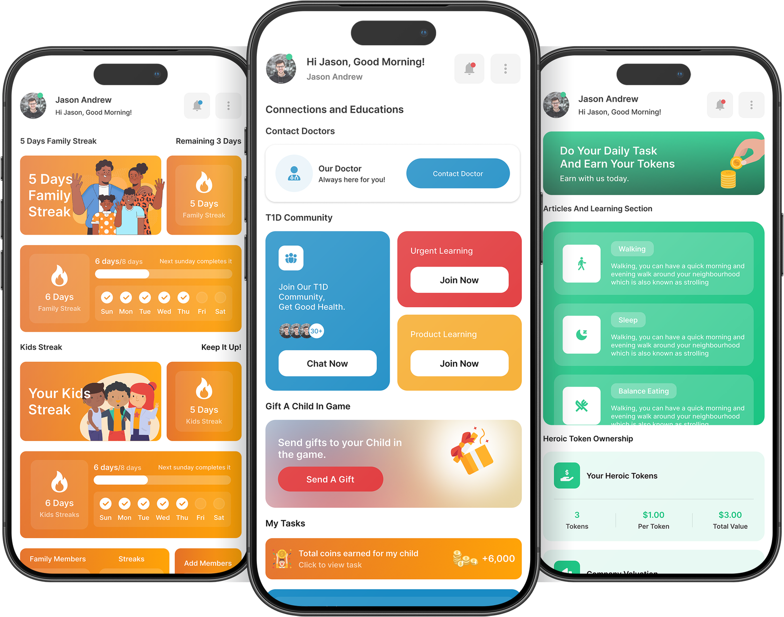 Heroic Diabetes three-screen app presentation mockup