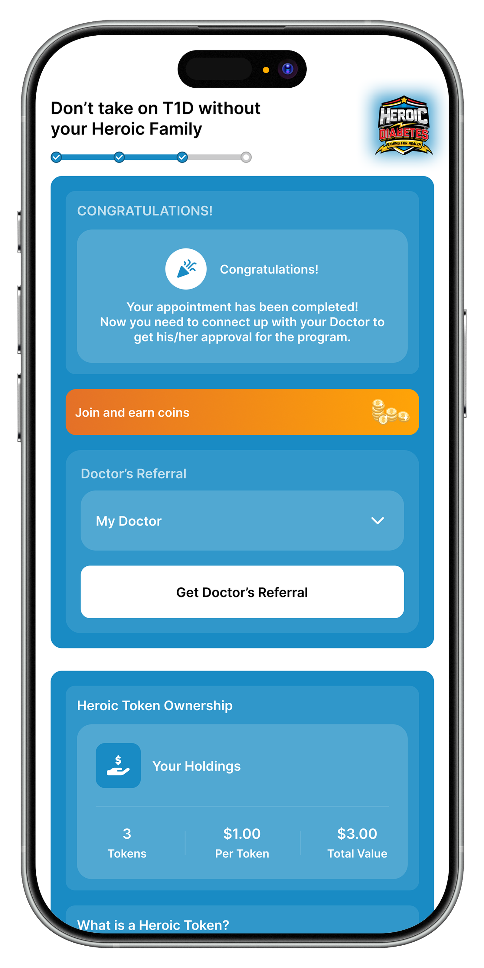 Heroic Diabetes doctor referral screen