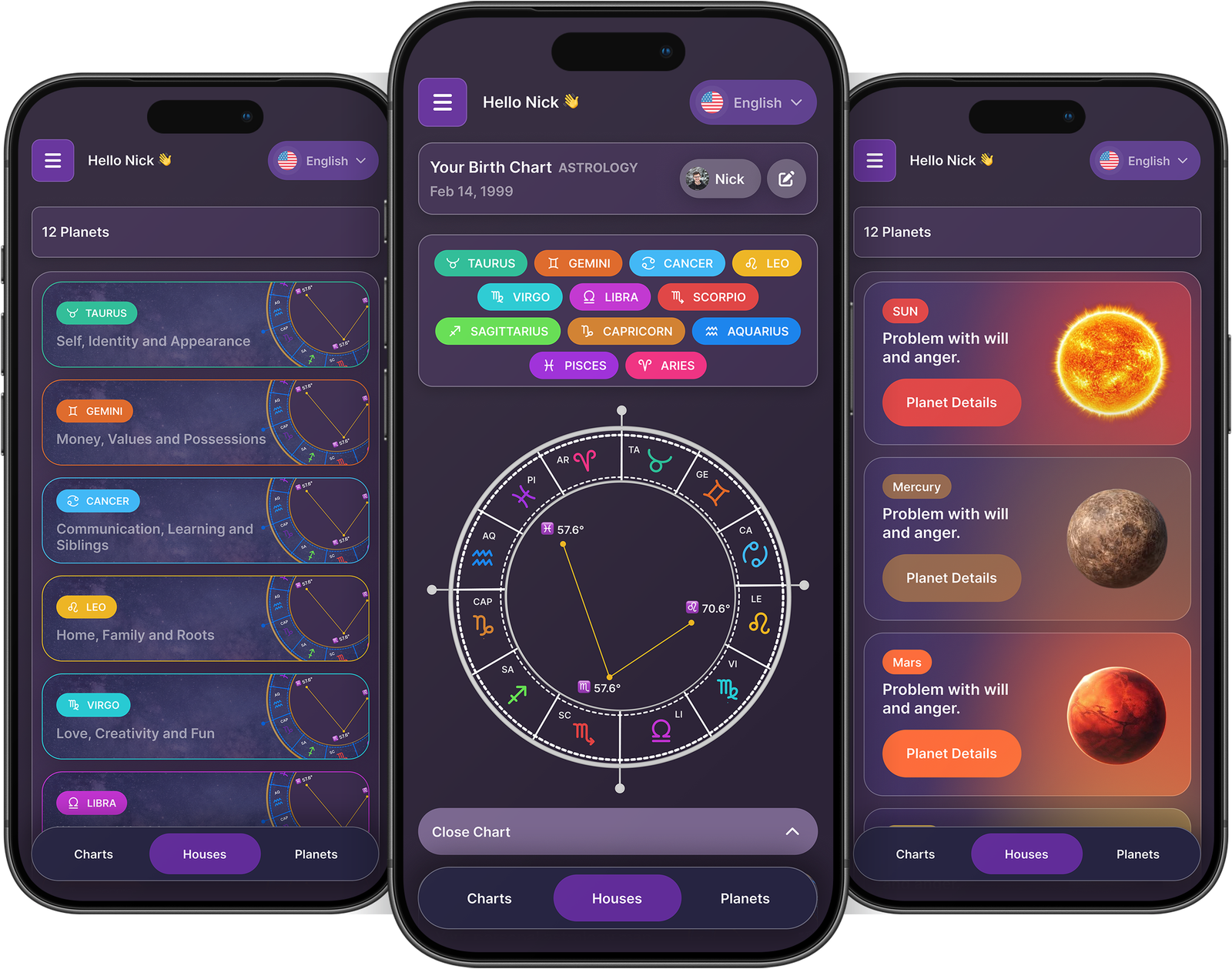 Phenoe astrology app three-screen presentation mockup