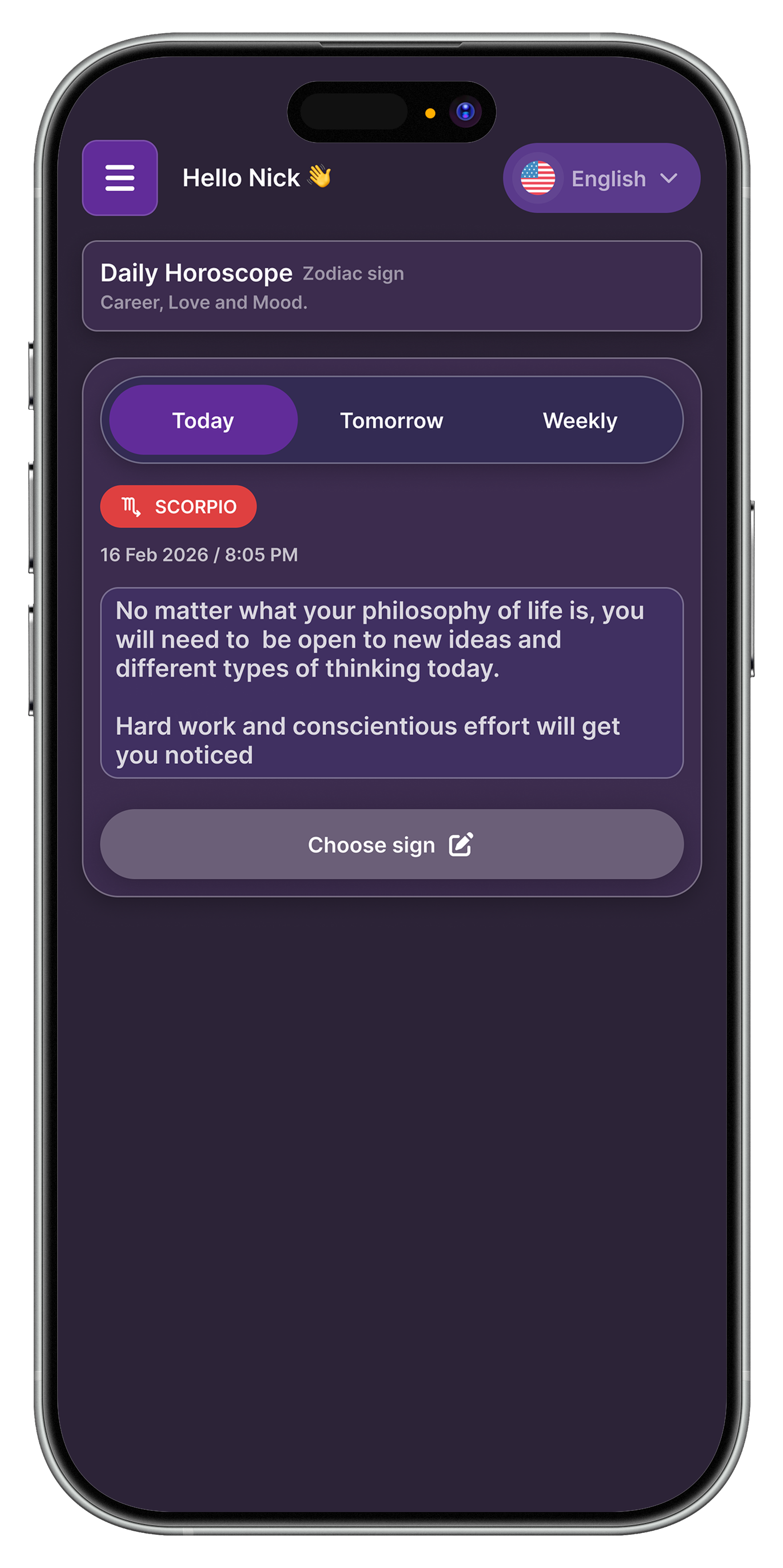 Phenoe daily horoscope screen