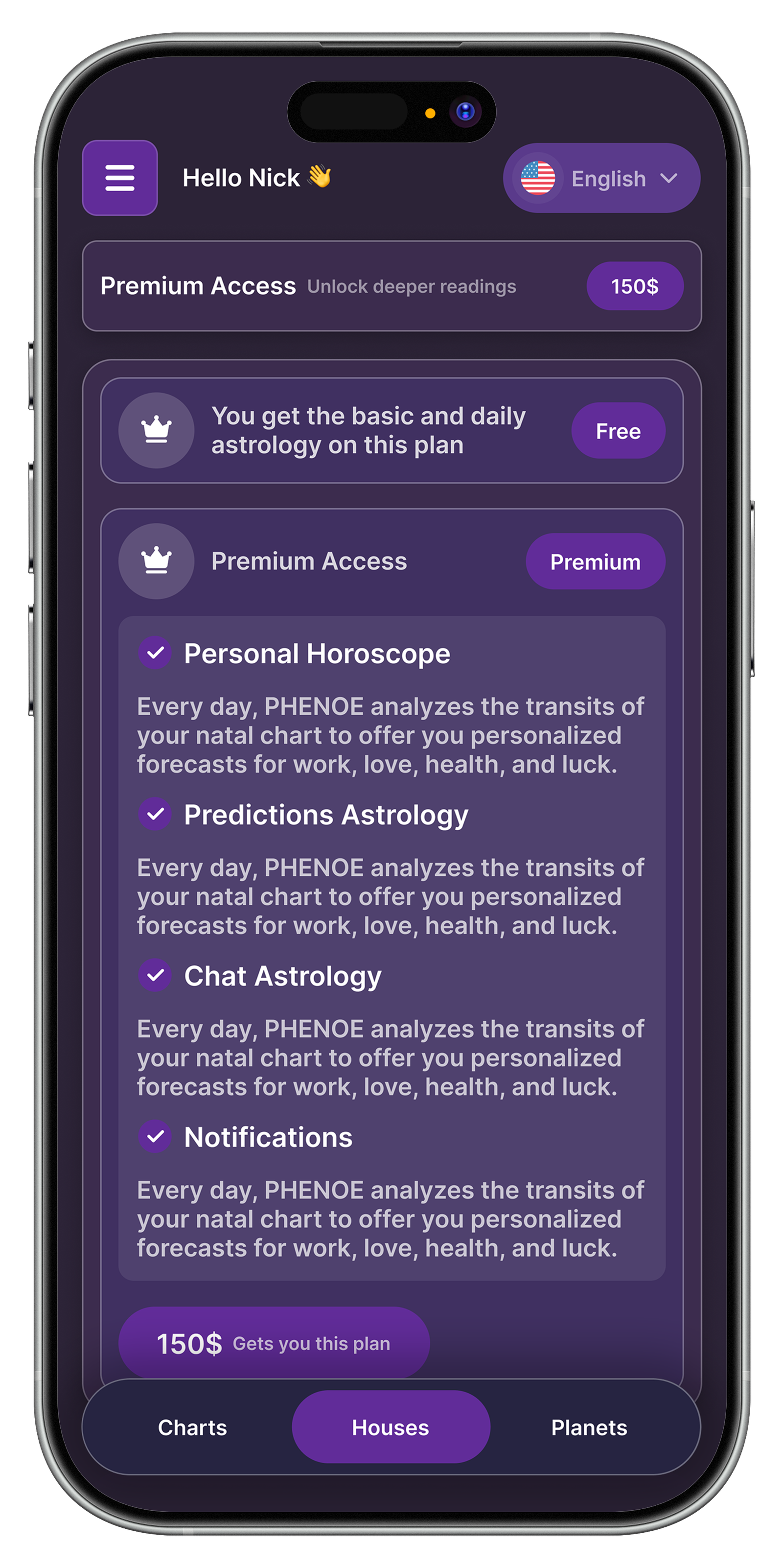 Phenoe premium upgrade screen