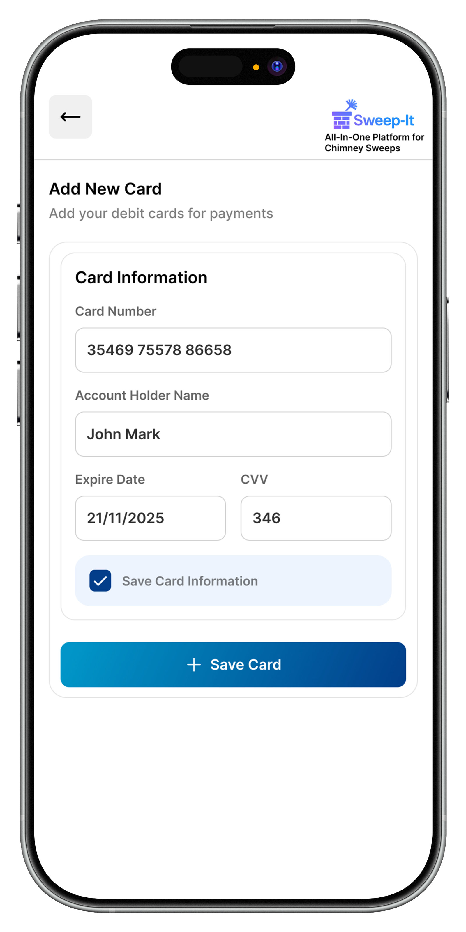 Sweep-It add card screen